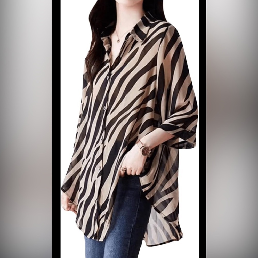 Truth Zebra Print Button Up 3/4 Sleeve Blouse Siz… - image 1
